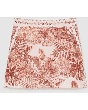 Reiss Linen Leaf-Print Wave-Trim Mini Skirt - Pink