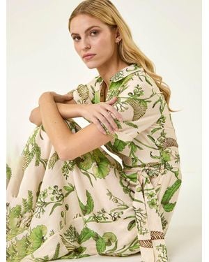 Roman Floral Tie Waist Shirt Dress - Natural