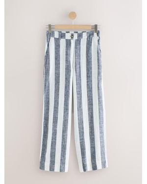 Next Ecru Stripe Smart Front Linen Blend Wide Leg Pants - Blue