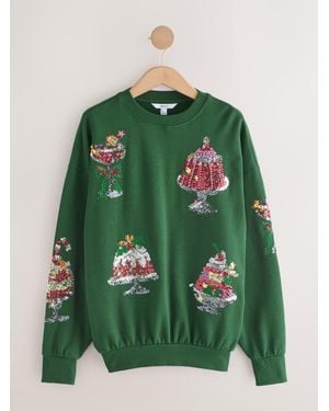 Next Forest Christmas Food Sequin Embroidered Long Sleeve Crew Neck Sweatshirt - Green