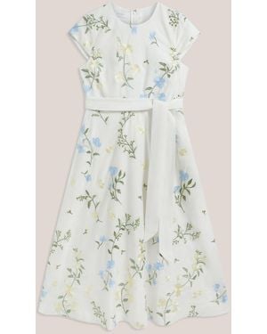 Hobbs Floral Embroidery Linda Tie Waist Front Bow Midi Dress - Natural