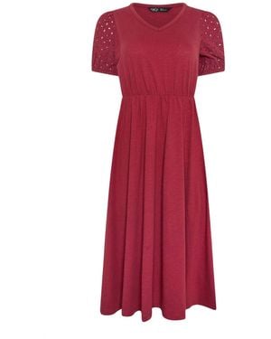 M Com Petite V-Neck Broderie Sleeve Cotton Midi Dress - Red