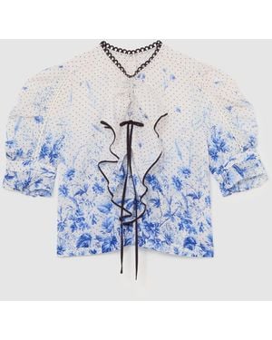 Reiss Minni - Ivory/blue Cotton Floral-print Ruffle Blouse, Us 4