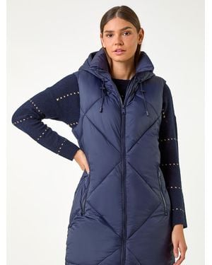 Roman Longline Quilted Hooded Gilet - Blue