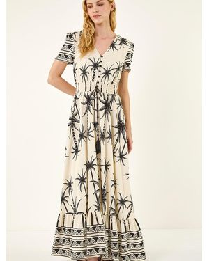 Roman Palm Print Button Tie Maxi Dress - Natural