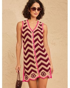 Love & Roses Crochet Zig Zag Striped V-Neck Knitted Mini Dress - Red