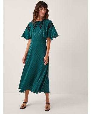 Monsoon Bianca Embroidered Floral Cape Midi Dress - Green