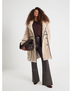 River Island Borg Faux Leather Seam Coat - White
