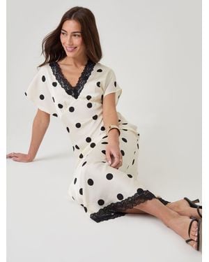 Threadbare Polka Dot Satin Lace Trim Tea Dress - White
