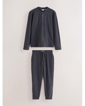 Next Charcoal Grandad Collar Long Sleeve Soft Waffle Pajamas Set - Blue