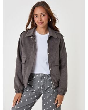 Threadbare Faux Suede Collared Bomber Jacket - Grey