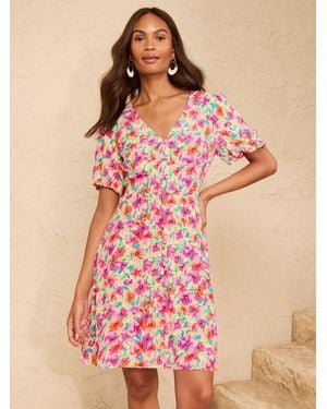 Love & Roses Button Down Puff Sleeve Mini Dress - Pink