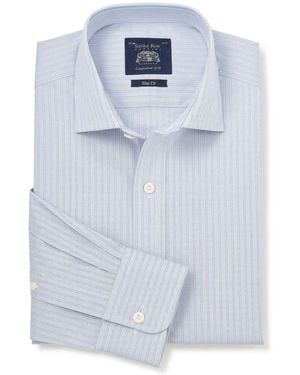 Savile Row Company Slim Fit Striped Pinpoint Cotton Single Cuff Formal Shirt - Blue
