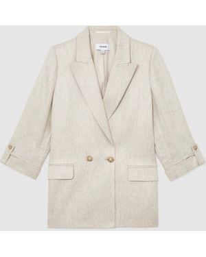 Reiss Neutral Nolah Linen-Blend Textured Double-Breasted Blazer - Natural