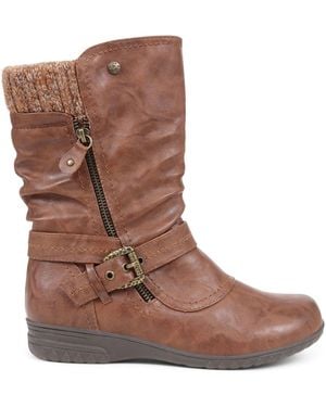 Pavers Knitted Cuff Buckle Slouch Mid-Calf Boots - Brown