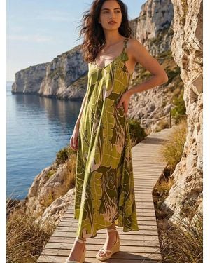 Roman Leaf Print Tassel Maxi Dress - Green