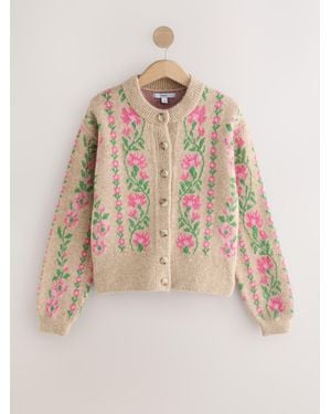 Next Camel/ Floral Long Sleeve Crew Neck Knitted Cardigan - Natural