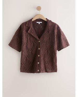 Next Crochet Short Sleeve Collared Shirt - Brown