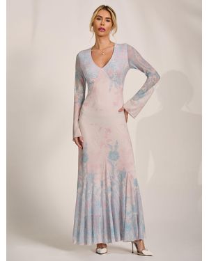 Jolie Moi Long Sleeve Godet Mesh Maxi Dress - Natural