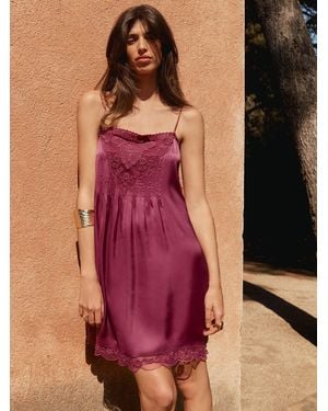BHOEM Embroidered Lace Bodice Mini Satin Strappy Dress - Brown
