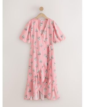 Next Scallop Sleeve Edge Wrap Midi Dress - Pink