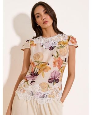Lipsy Lace Detail Puff Sleeve Top - Natural