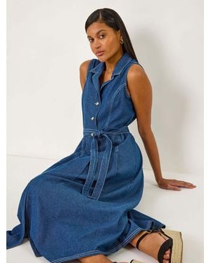 Roman Denim Button Through Midi Dress - Blue