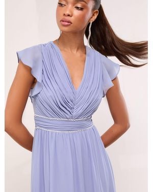 Lipsy Embellished Trim Pleated V Neck Bridesmaid Dress - Blue