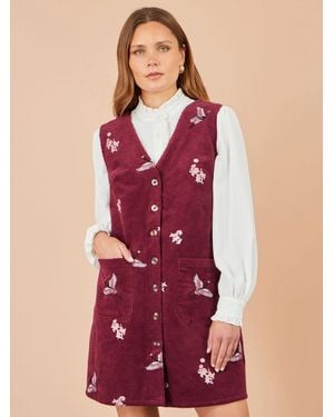 Yumi' Crane Embroidery Button Up Pinafore Dress - Red