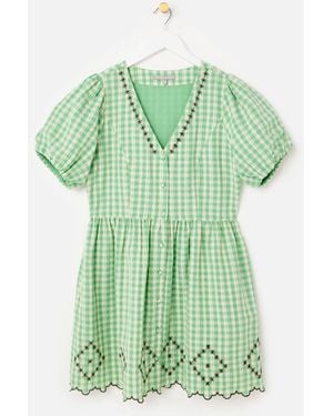 Oliver Bonas Gingham Embroidered V-Neck Mini Dress - Green