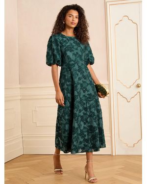 Love & Roses Petite Textured Puff Sleeve Crew Neck Midi Dress - Green
