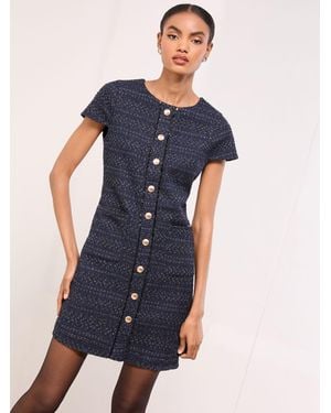 Lipsy Boucle Button Through Short Sleeve Shift Dress - Blue