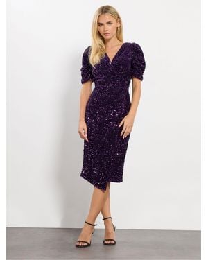 M Com Petite Sequin Velvet Wrap Dress - Blue