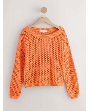 Next Mesh Crochet Off Shoulder Sweater - Orange