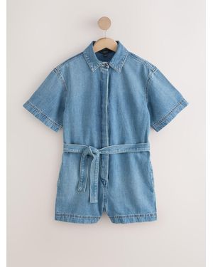 Next Short Sleeve Belted Denim Playsuit - Blue