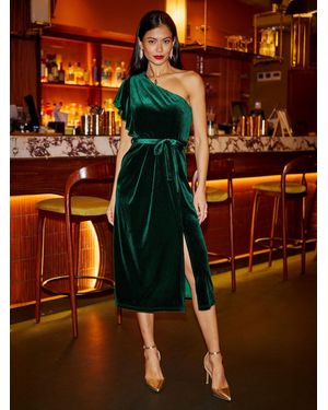 Yumi' Velvet Frill One Shoulder Midi Dress With Split Hem - Orange