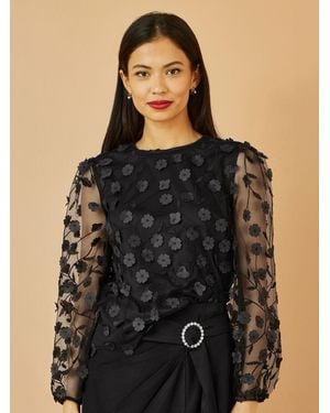 Yumi' Sheer Sleeve Appliqué Flower Top - Black