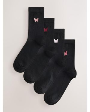 Next Butterflies Embroidered Motif Ankle Socks 4 Pack - Black
