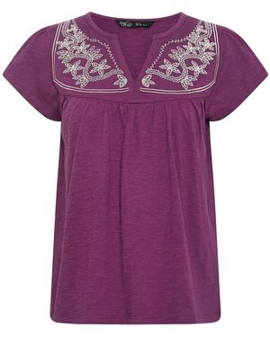 M Com Petite Embroidered Notch Neck Top - Purple