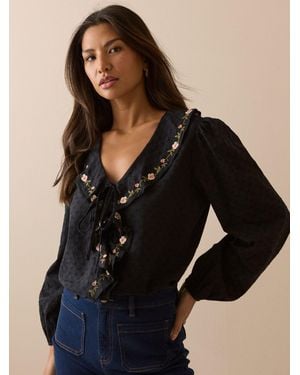 Nobody's Child Nobodys Child Embroidered Floral Ruffle Trim Top - Black