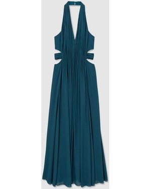 Reiss Cara - Teal Green Halterneck Pleated Maxi Dress, Us 0 - Blue