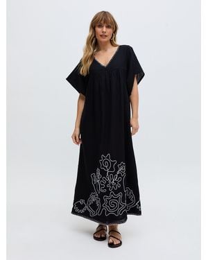 Raffya Candy Tabard Embroidered Hem Maxi Dress In - Black