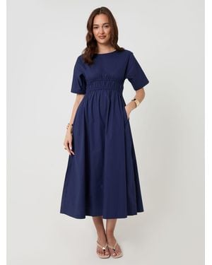 Threadbare 100% Cotton Elasticated Waist Poplin Midi Dress - Blue