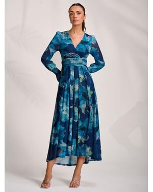 Jolie Moi Long Sleeve V-Neck Mesh Maxi Dress - Blue