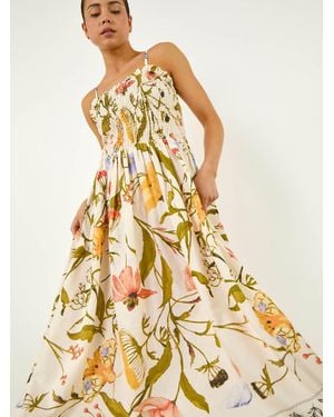 Roman Petite Floral Print Shirred Midi Dress - Metallic