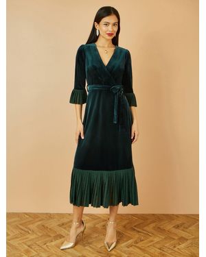 Yumi' Velvet Wrap Midi Dress With Contrast Hemline - Blue