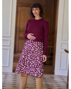 Seraphine Burgundy Print Premium Crew Neck Maternity Nursing Sweater & Dress Set - Purple
