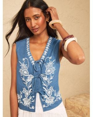 Love & Roses Mid Embroidered Denim Waistcoat - Blue