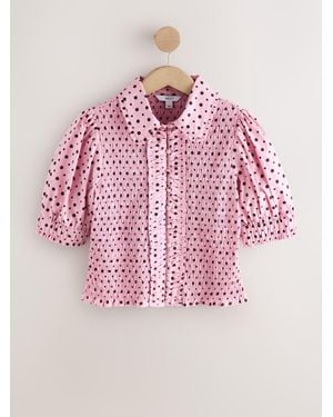 Next Polka Dot Smocked Collared Short Sleeve Top - Pink