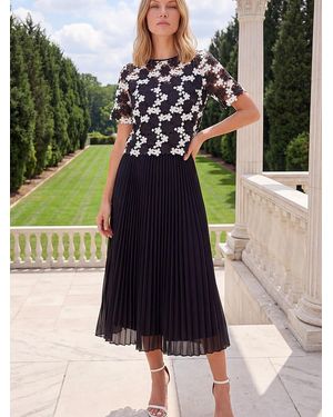 Roman Lace Overlay Pleated Midi Dress - Black